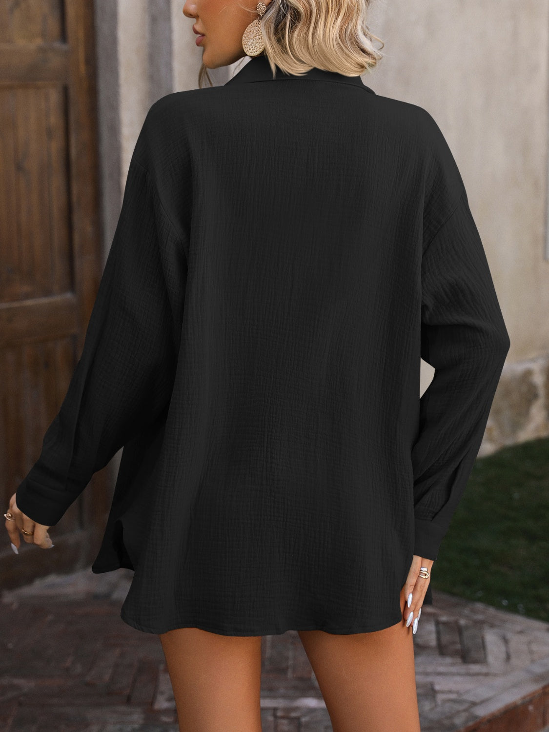 Textured Button Up Dropped Shoulder Shirt