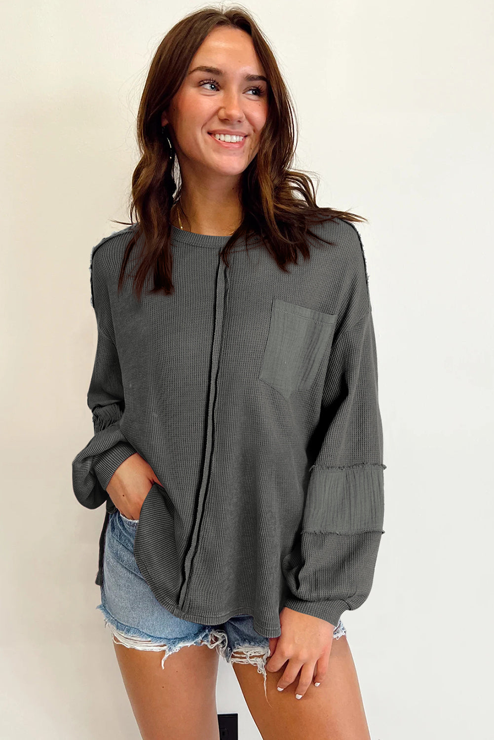 Gray Waffle and Crinkle Patchwork Long Sleeve Top